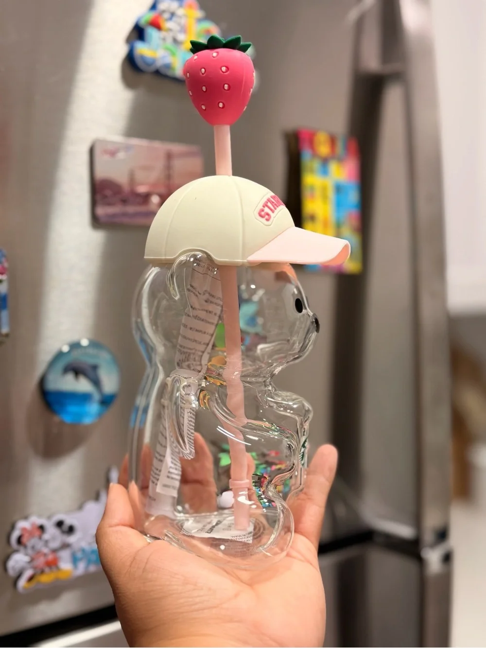 Starbucks Clear Bear Tumbler with Pink Straw and Strawberry Top